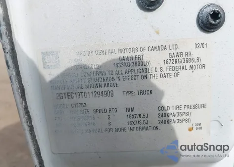 2001 GMC Sierra 1500 Sle from USA, damaged, VIN 2GTEC19T011294909